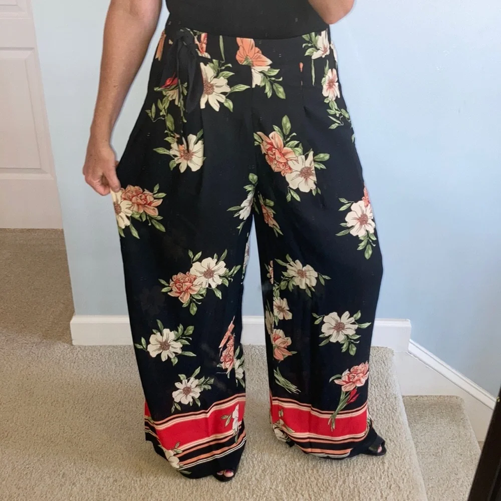 Black Floral Palazzo Wide Leg Pants - Picture 4 of 7